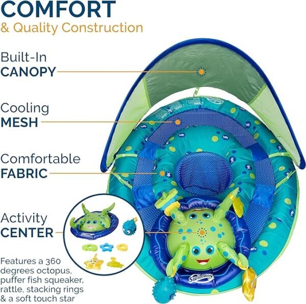 SwimWays Baby Spring Float Activity Center, Baby Pool Float with Canopy & UPF Protection, Pool Toys & Swimming Pool Accessories for Kids 9-24 Months, Green Octopus