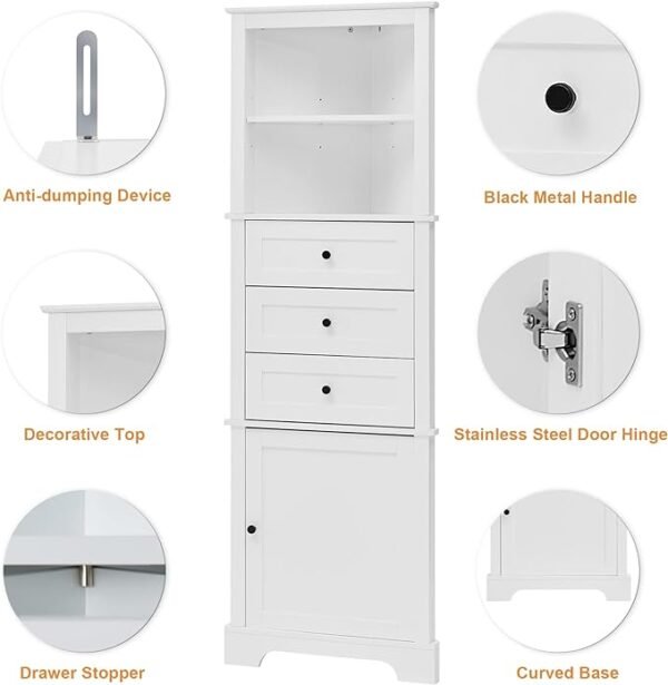 "Merax Corner Storage Cabinet with Drawers and Door, Tall Bathroom Organizer, Adjustable Shelves, White"