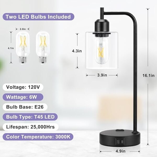 "Industrial Touch Table Lamps for Bedrooms Set of 2 with USB C+A Ports and Outlet, Black Bedside Lamps with Glass Shade"