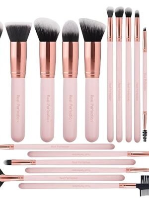 "Real Perfection 16pcs Makeup Brushes Set with 1 Eyebrow Razor, Premium Synthetic Foundation Blending Face Powder Eye Shadow Concealer Make Up Brushes Tool Kit, Pink"