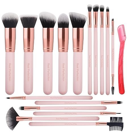 "Real Perfection 16pcs Makeup Brushes Set with 1 Eyebrow Razor, Premium Synthetic Foundation Blending Face Powder Eye Shadow Concealer Make Up Brushes Tool Kit, Pink"