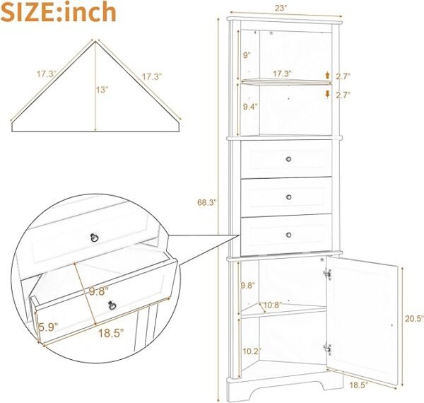 "Merax Corner Storage Cabinet with Drawers and Door, Tall Bathroom Organizer, Adjustable Shelves, White"