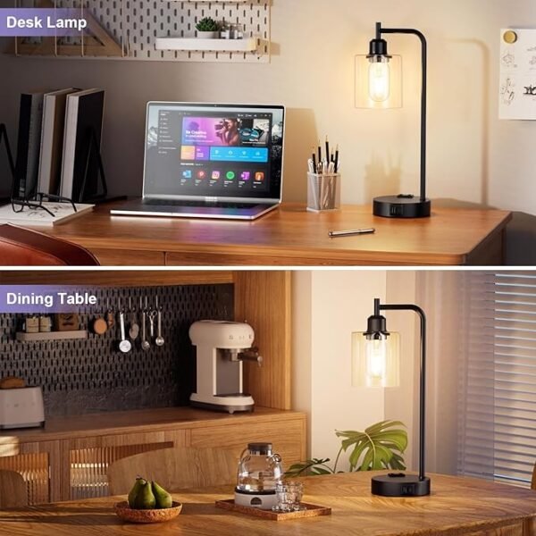 "Industrial Touch Table Lamps for Bedrooms Set of 2 with USB C+A Ports and Outlet, Black Bedside Lamps with Glass Shade"