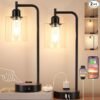 "Industrial Touch Table Lamps for Bedrooms Set of 2 with USB C+A Ports and Outlet, Black Bedside Lamps with Glass Shade"