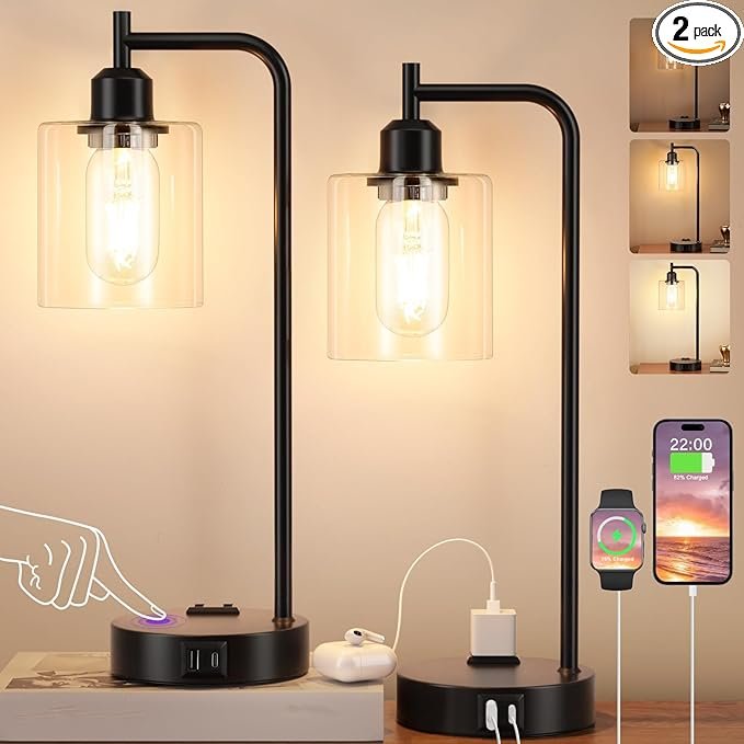 "Industrial Touch Table Lamps for Bedrooms Set of 2 with USB C+A Ports and Outlet, Black Bedside Lamps with Glass Shade"