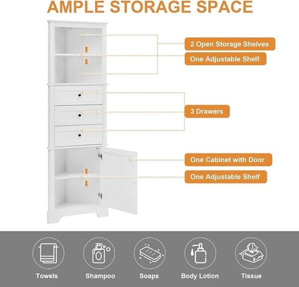 "Merax Corner Storage Cabinet with Drawers and Door, Tall Bathroom Organizer, Adjustable Shelves, White"