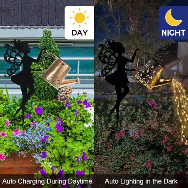 "Ouddy Decor Fairy Garden Decor with Solar Watering Can, Metal Fairy Garden Statues with Hanging Lanterns Waterfall Lights Silhouette Waterproof Outdoor Decorative"