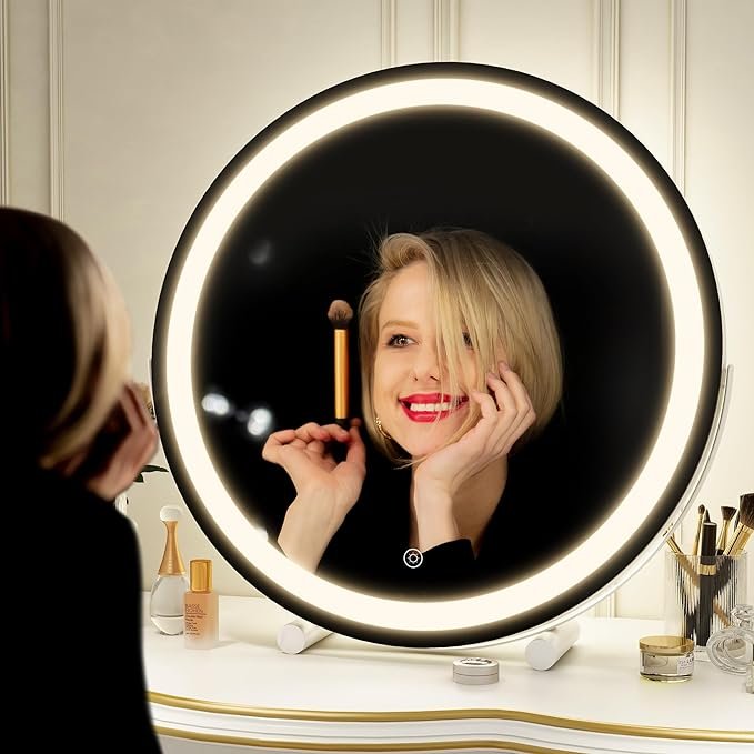 "ROLOVE Round LED Makeup Mirror with 360° Rotation and Smart Dimming Feature - 20 x 20 Inches, Aluminum Frame"