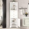 "Merax Corner Storage Cabinet with Drawers and Door, Tall Bathroom Organizer, Adjustable Shelves, White"