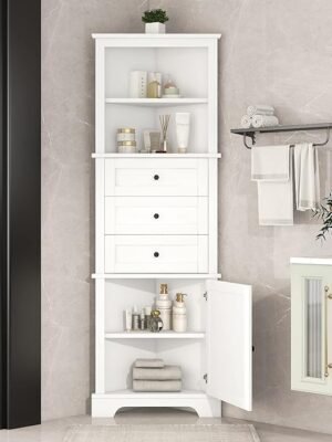 "Merax Corner Storage Cabinet with Drawers and Door, Tall Bathroom Organizer, Adjustable Shelves, White"