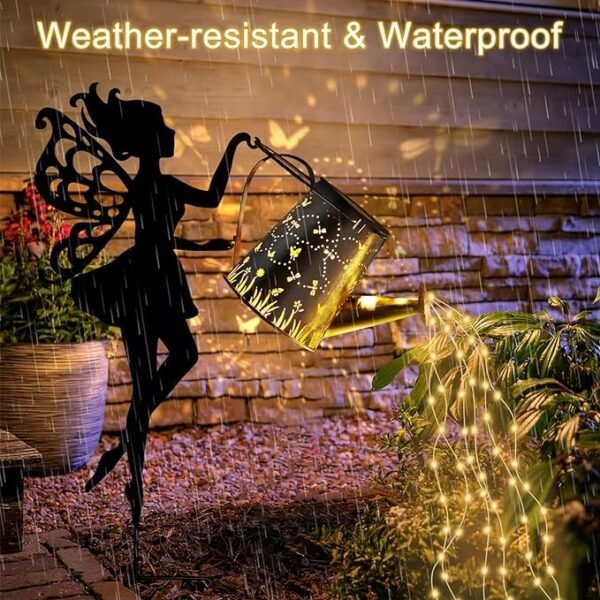 "Ouddy Decor Fairy Garden Decor with Solar Watering Can, Metal Fairy Garden Statues with Hanging Lanterns Waterfall Lights Silhouette Waterproof Outdoor Decorative"