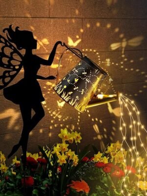 "Ouddy Decor Fairy Garden Decor with Solar Watering Can, Metal Fairy Garden Statues with Hanging Lanterns Waterfall Lights Silhouette Waterproof Outdoor Decorative"