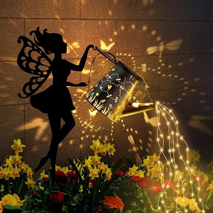 "Ouddy Decor Fairy Garden Decor with Solar Watering Can, Metal Fairy Garden Statues with Hanging Lanterns Waterfall Lights Silhouette Waterproof Outdoor Decorative"