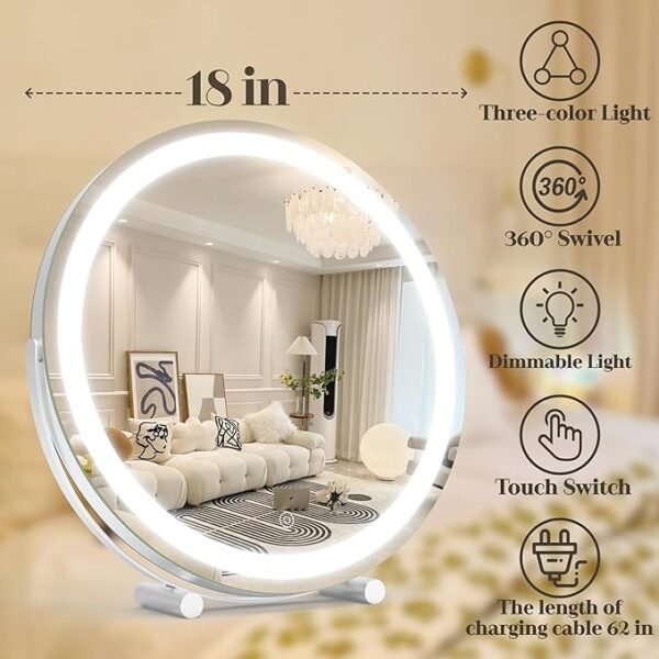 "ROLOVE Round LED Makeup Mirror with 360° Rotation and Smart Dimming Feature - 20 x 20 Inches, Aluminum Frame"