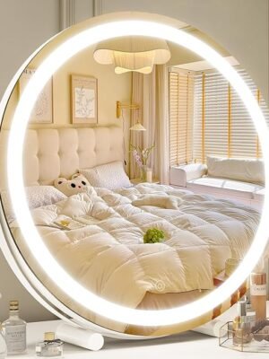 "ROLOVE Round LED Makeup Mirror with 360° Rotation and Smart Dimming Feature - 20 x 20 Inches, Aluminum Frame"