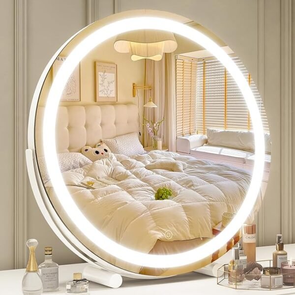 "ROLOVE Round LED Makeup Mirror with 360° Rotation and Smart Dimming Feature - 20 x 20 Inches, Aluminum Frame"