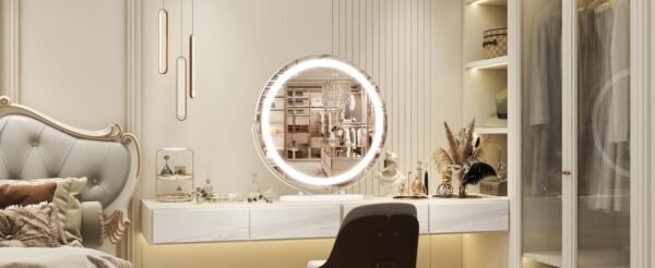 "ROLOVE Round LED Makeup Mirror with 360° Rotation and Smart Dimming Feature - 20 x 20 Inches, Aluminum Frame"